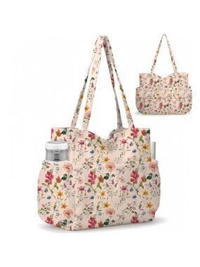 Corduroy Tote Bag Large Capacity Shoulder Bag Multi Pockets Zipper Travel Work